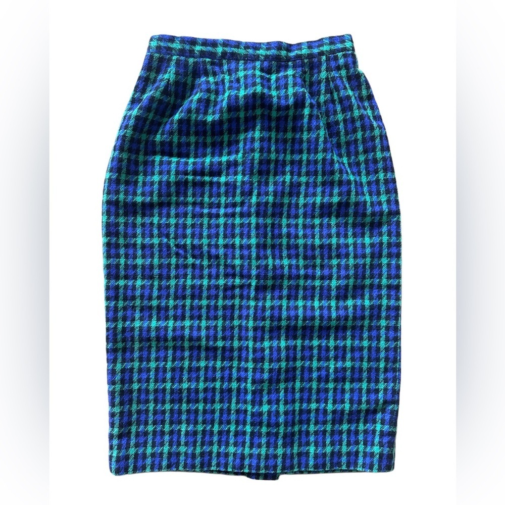Vintage Plaid Pencil Skirt in Blue & Green